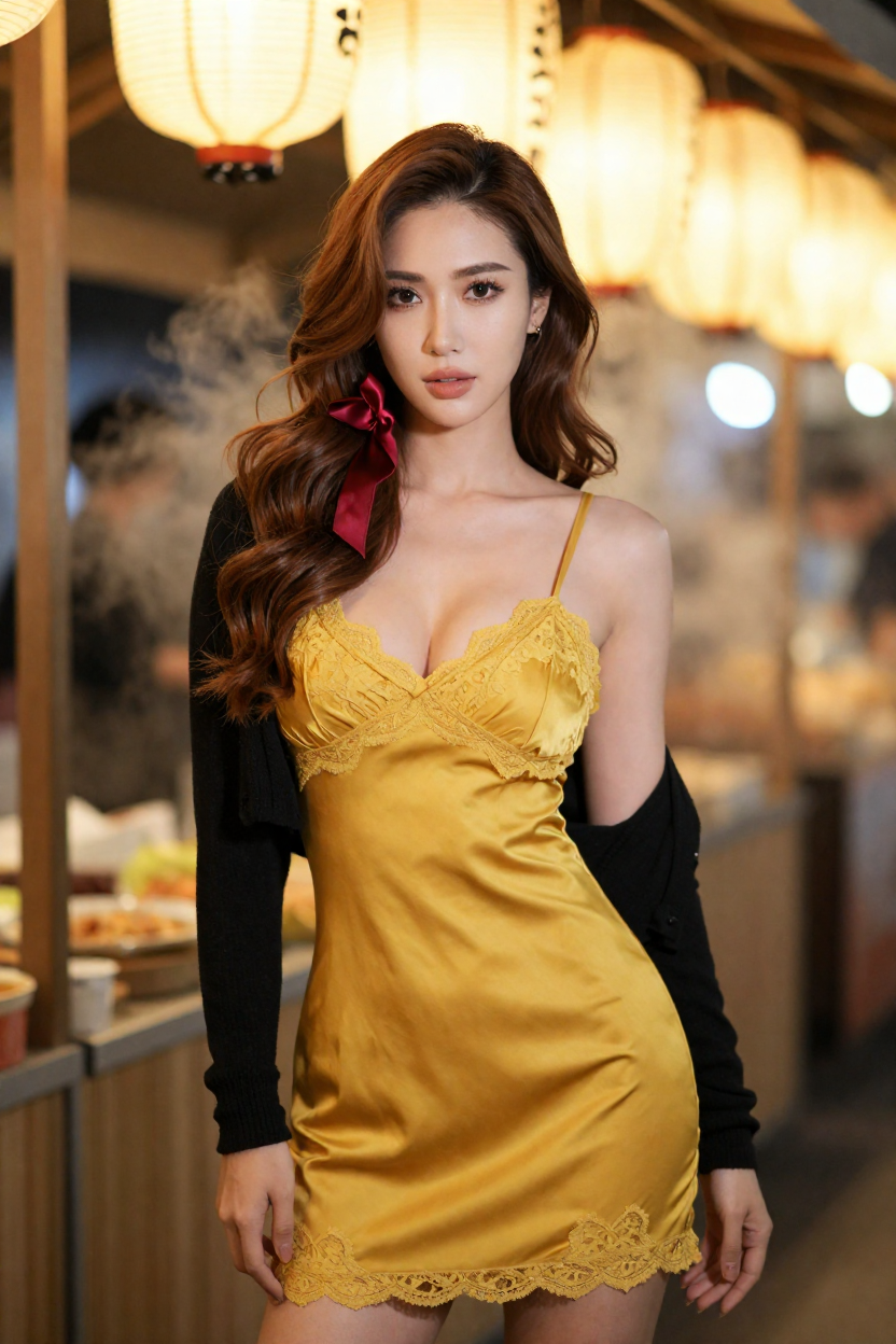 Alluring editorial portrait of a fictional 30-year-old Taiwanese woman with long cinnamon-brown waves tied with a